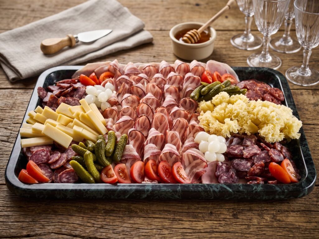 Plat froid de charcuterie et de fromages servi dans une métairie